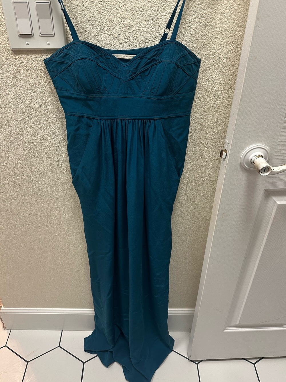 Twelfth Street by Cynthia Vincent silk long maxi dress in a rich teal shade.